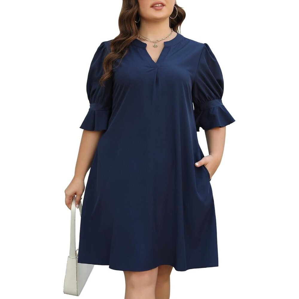 Plus Size Casual Summer Dress Polyester V Neck Ruffled Sleeves Pockets